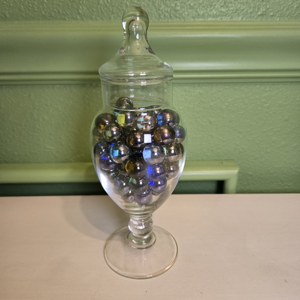 Vintage Apothecary Glass Jar Filled With Iridescent Marbles